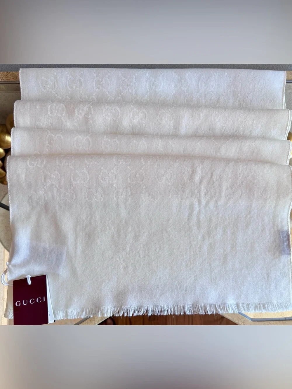 NWT AUTHENTIC Gucci GG Monogram Silk & Wool Jacquard Scarf - Cream
